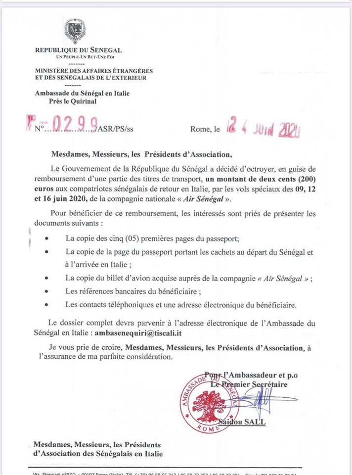 ambass iatlie - Italie - (Documents) : Air Sénégal , fait son méa culpa et rembourse les sénégalais qui ont acheté des billets trés chers auprès de la compagnie.