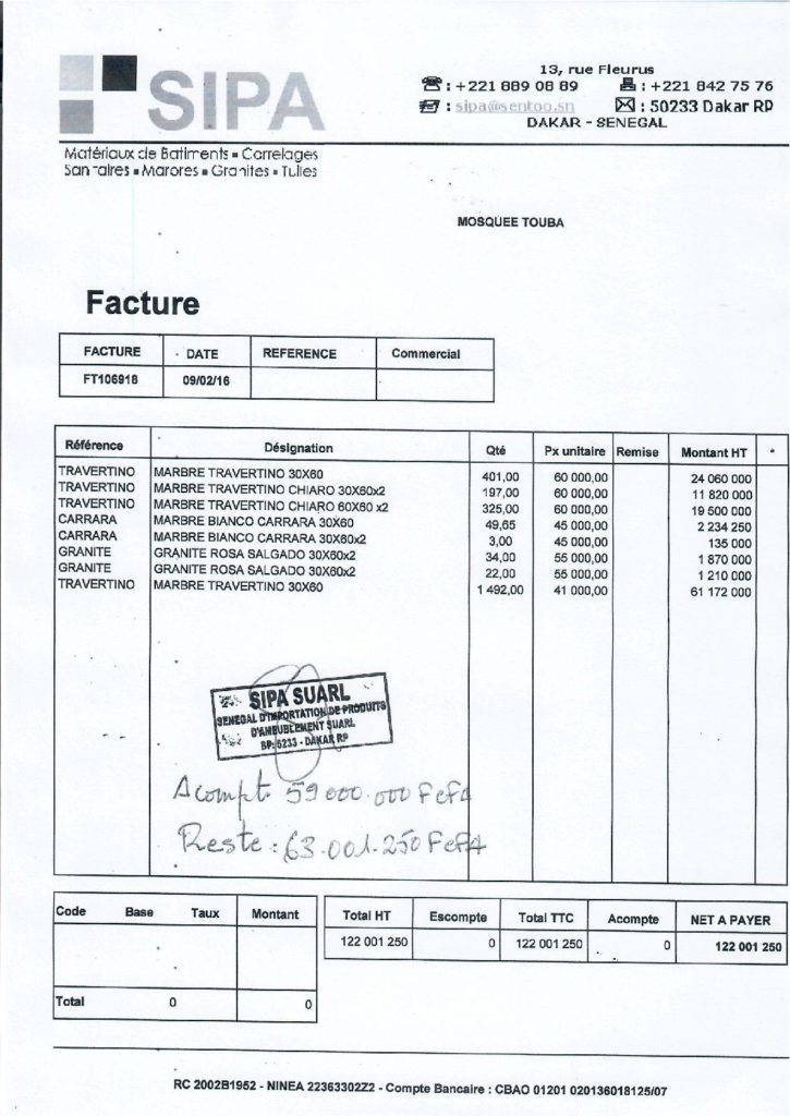 cheques pdf 725x1024 - Exclusivité :Touba- Scandale dans les chantiers de la grande mosquée: Un célèbre chef religieux poursuivi pour escroquerie (documents).