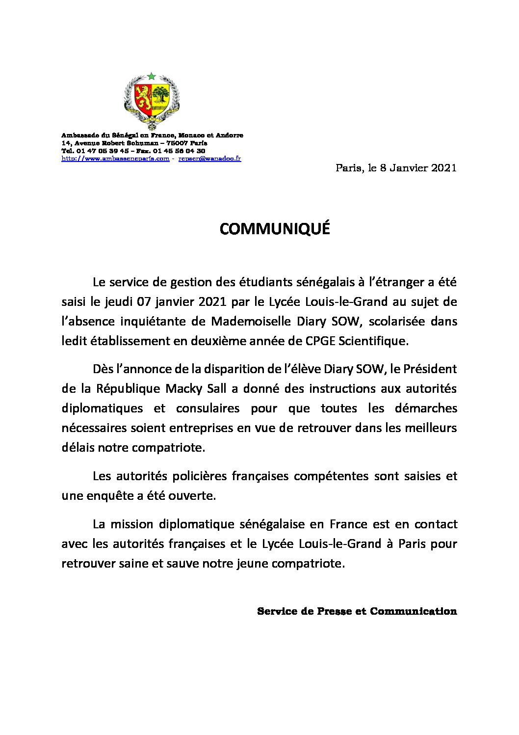 Communiqué Diary SOW 08 01 2021 1 pdf - France- Disparition de Diary Sow: L'ambassadeur Maguette Séye "Nous sollicitons des prières pour la retrouver saine et sauve".
