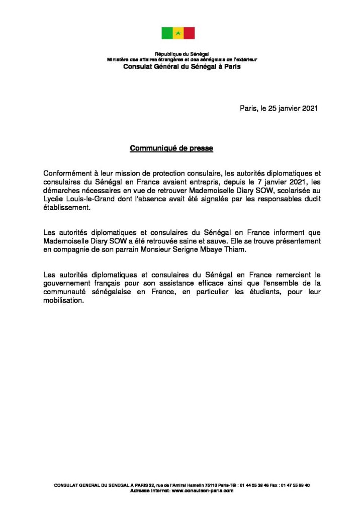 communiqué de presse 1 1 pdf 724x1024 - France- Diary Sow retrouvée saine et sauve et remise à Serigne M'baye Thiam.(Communiqué).